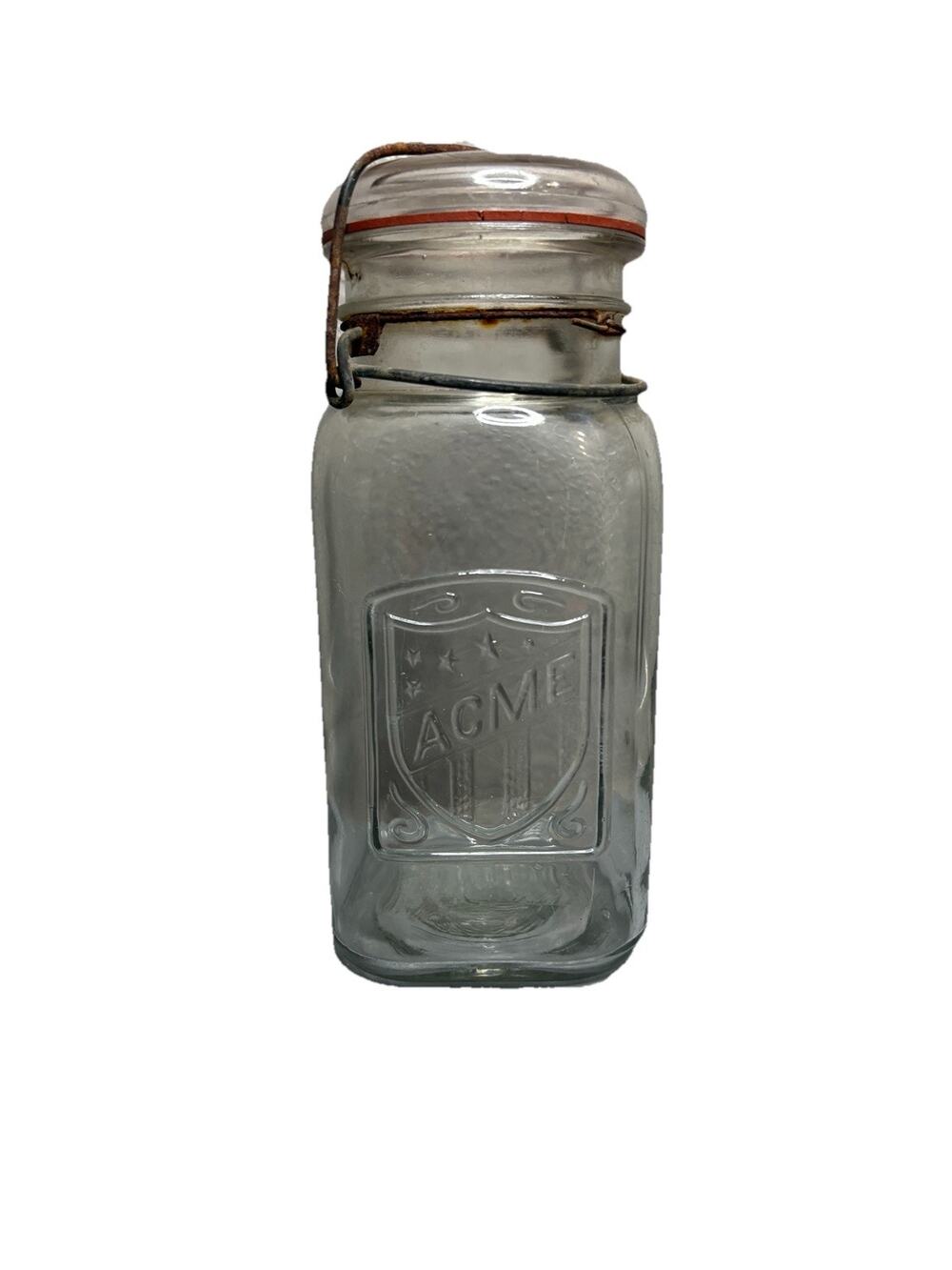 Antique Acme Canning Jar 8" Embossed Quart Size Clear Glass Lid And Seal